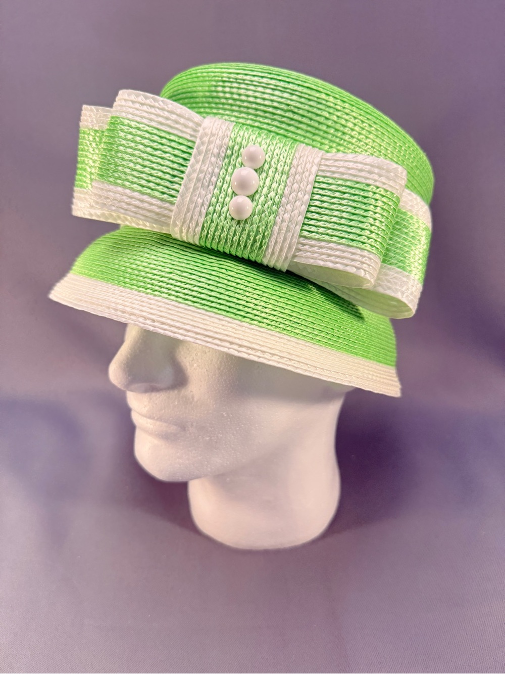 Brenda Waites Bolling Custom Lime Green&White Ribbon Straw Bow Church Derby Hat